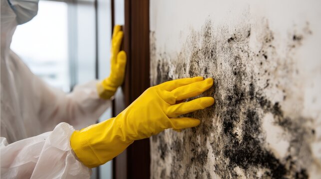 Person wearing protective gear examines severe black mold growth spreading across an interior wall surface