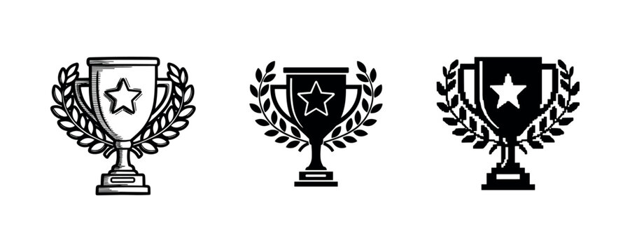 Set of three black and white trophy icons with laurel wreaths