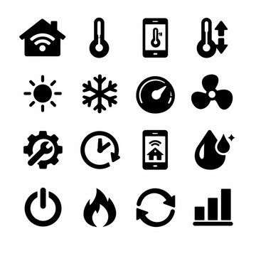 Smart home icon set: temperature, energy, control, and connectivity symbols