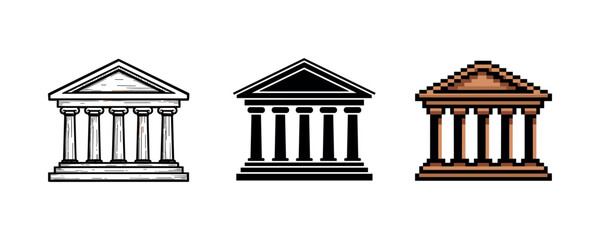 Naklejka premium Three stylized temple icons: sketch, solid, pixel art designs