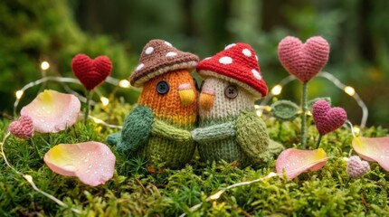 Loving knitted birds embrace in enchanted forest whimsical scene heartfelt nature art cozy environment close-up view playful concept for creative expression