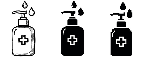 Hand sanitizer icon set: three differently styled bottle illustrations