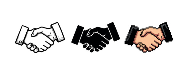 Three handshake illustrations: monochrome, silhouette, pixel art