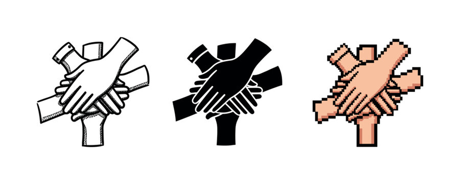 Three styles of unity: outline, silhouette, and pixelated hands in collaborative circle