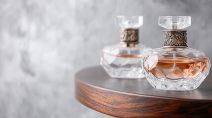 Two Elegant Perfume Bottles Displayed on a Dark Walnut Shelf