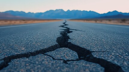 Obraz premium A cracked asphalt road stretches towards distant mountains under a clear sky, highlighting earthquake damage in a remote, arid landscape.