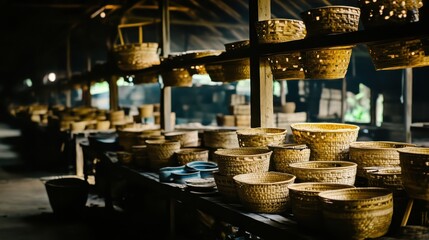 Fototapeta premium Rows of identical empty woven baskets displayed on wooden shelves in a rustic market stall