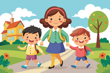Mother and children walking in a park on their way home from school vector illustration