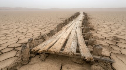 Weathered wooden planks of a dried up pier stretching across cracked earth towards a distant horizon