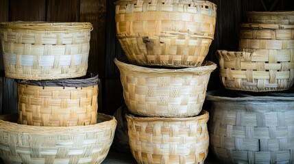 Woven straw baskets of various sizes and weaves displayed together