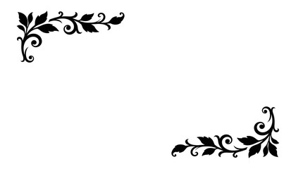 Ornate floral corner frame design with leaves in black and white, vector.