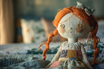 Close-up of a cute handmade rag doll with orange yarn hair and button eyes sitting on a bed.
