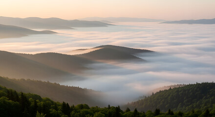 A serene landscape view of rolling hills with a sea of clouds filling the valleys, illuminated by soft golden light during the dawn