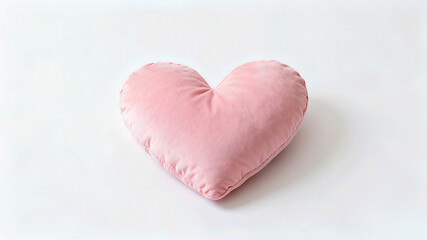 Fototapeta premium A soft pink heart-shaped pillow laying flat on a white background, elegant and minimalist style.