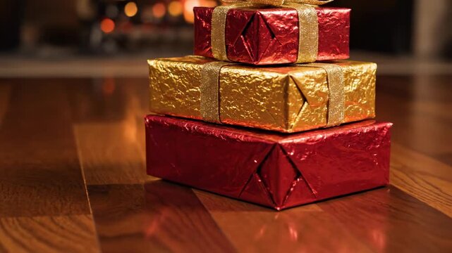 Highly detailed close-up shot of a stack of red and gold foil-wrapped gift boxes slowly sliding across a polished wooden floor december tradition, overhead shot, detailed close-up