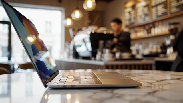 Laptop on Table in Coffee Shop - Workspace and Modern Lifestyle Concept
