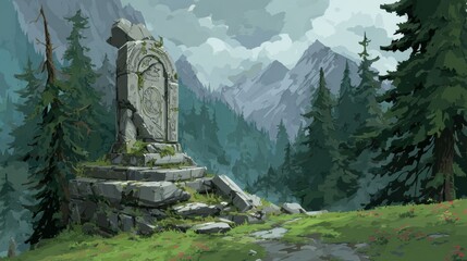 Stone remnants are found in a mountainous area surrounded by trees, showing remains of a collapsed structure under cloudy skies.