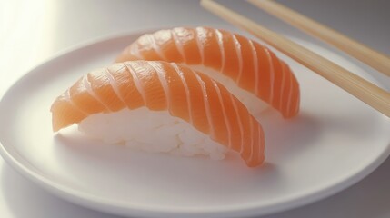 Two pieces of sushi with salmon on a white plate closeup