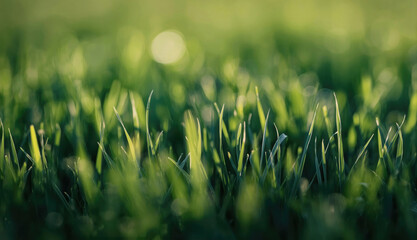 Vibrant Bokeh Grass Landscape with Sunlit Lush Field, Fresh Green Depth for Design Templates, Symbolizing Growth, Renewal, and Serenity