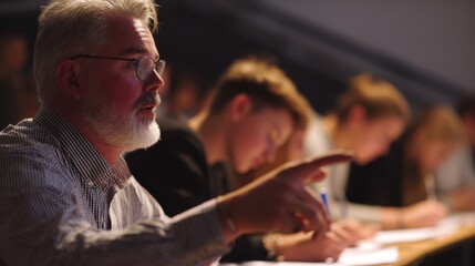School hall workshop environment medium shot capturing instructor gesturing to test tips students jotting down notes background softly out of focus.