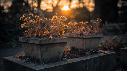 Withered dry plants in concrete planters bathed in warm golden sunset light outdoors