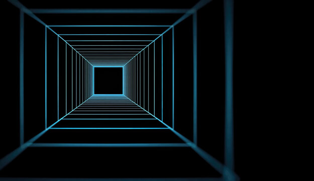 Futuristic Endless 3D Tunnel with Blue Grid Lines, Black Void Perspective - Abstract Wireframe Path Symbolizing Innovation and Infinity