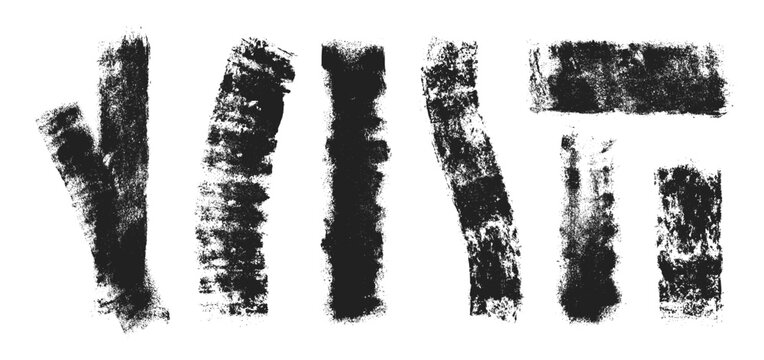 Black roller brush strokes set isolated on white. Vector realistic illustration of grunge ink line with rough texture, street art element, urban graffiti streak, abstract hand drawn smear, paint stain