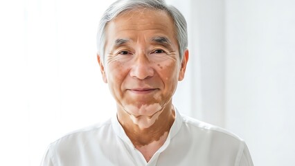 Smiling senior man with vitiligo wearing white shirt