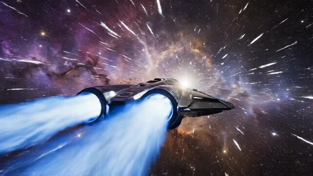 Highly detailed exterior shot of a sleek, unmanned space cruiser accelerating through space past a colorful gaseous nebula vibrant, unmanned, energy