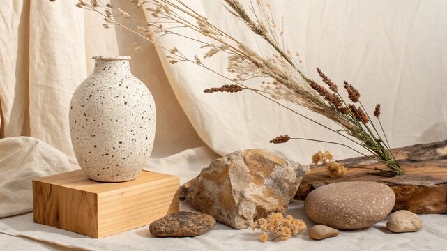 Minimal Still Life with Stone Vase and Dried Botanicals, Abstract Concept