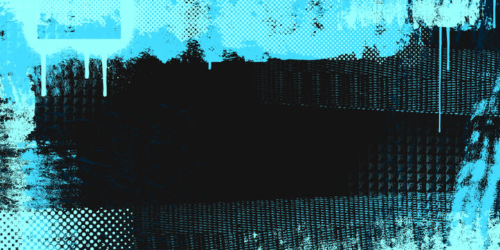 Urban punk background with neon blue paint brushes and splatter effect. Vector realistic illustration of black street wall with grunge color texture, halftone dots, distress scratches, rough lines