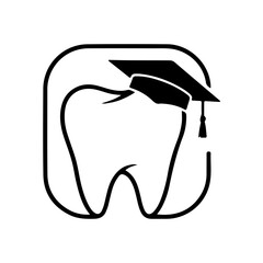 A black and white illustration of a tooth wearing a graduation cap, symbolizing achievement or completion in dental health or education.