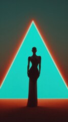 Silhouette of Elegant Figure Against Vibrant Neon Triangle Background