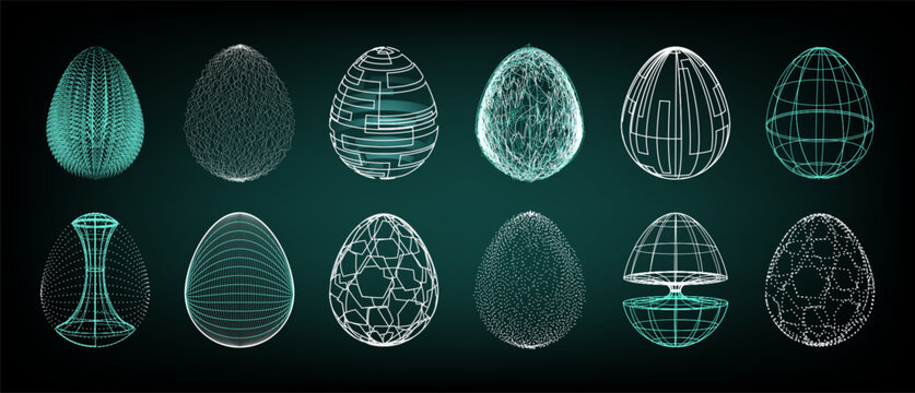 Easter eggs set in digital tech style. Vector realistic illustration of futuristic neon egg with holographic wireframe, circuit and geometric dot pattern on shell, modern greeting card design elements