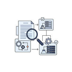 Magnifying glass over a document and databases, representing data analysis and management concepts with gears and arrows