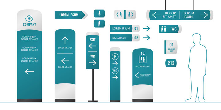 Building interior signage set isolated on white. Vector realistic illustration of directory sign mockups collection with arrows, 3d totem, pylon, direction indicator, advertising board, info stand