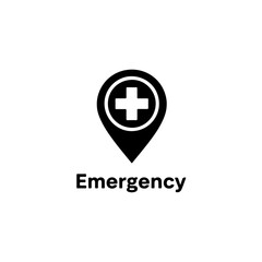 Obraz premium A black and white graphic featuring a map pin with a medical cross symbol, indicating an emergency medical location.