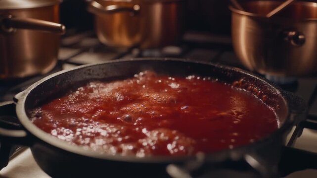 A deep red tomato sauce vigorously boiling in a dark cast iron pan on a kitchen gas stovetop, captured in a cinematic close-up, symbolizing the warm preparation for a social meal prep gathering.