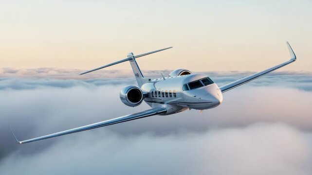 Luxury business jet soaring through clouds at sunset