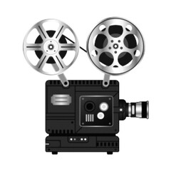 Fototapeta premium Halftone illustration of a vintage film projector with reels isolated on white background. Cinema and filmmaking concept for movies, retro media, storytelling, and classic entertainment.