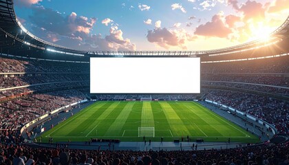 A wide-angle view of a stadium with a blank screen, filled with spectators, under a colorful sunset sky.