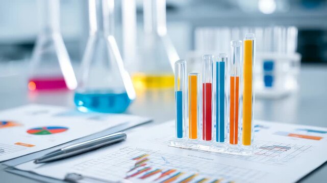 Transparent test tubes with vibrant solutions are arranged on printed charts, representing laboratory analytics, scientific progress. Highlights innovation, chemistry, laboratory data visualization