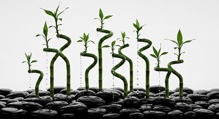 Serene zen garden featuring vibrant green bamboo stalks emerging from smooth black stones creating