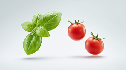 Fresh tomatoes and basil leaves floating isolated on white background AI generated
