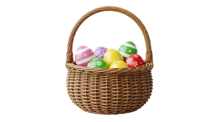 Easter basket filled with colorful eggs isolated on transparent background
