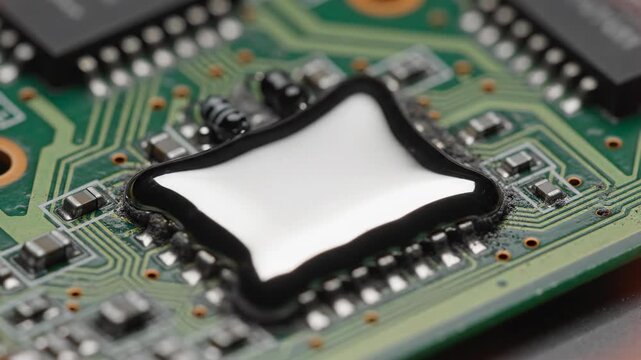 Highly detailed macro view of solder melting and flowing around miniature components on a PCB during the simulated high-temperature reflow soldering process industrial, precision, hardware