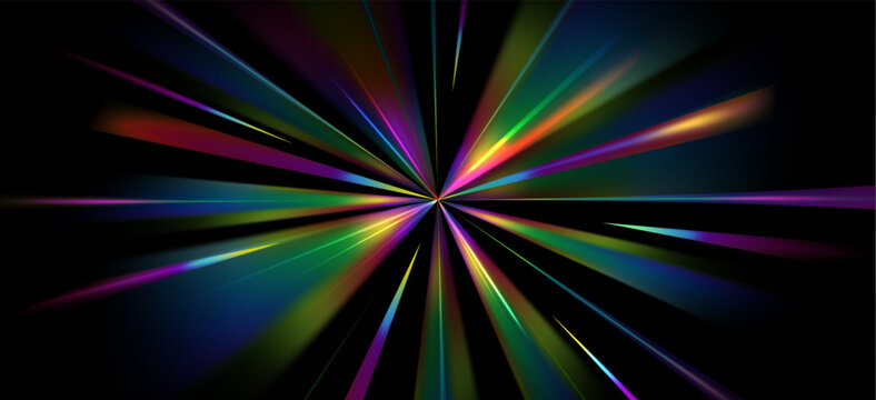 Bright light burst flare effect on black background. Vector realistic illustration of rainbow color halo with sparkle in middle, fast speed motion streaks, radial energy, rgb spectrum, space blast