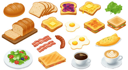 Diverse breakfast foods, isolated on transparent. High-quality vector illustration in modern flat design with vibrant colors, concept of diverse breakfast menu options.