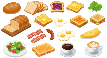 Diverse breakfast foods, isolated on transparent. High-quality vector illustration in modern flat design with vibrant colors, concept of diverse breakfast menu options.