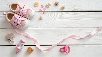 Pink Baby Essentials Flat Lay on White Wooden Background - 4
